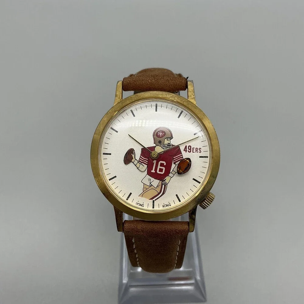 Vintage 49ers Football Mens Watch 35mm Joe Montana 16# Gold Tone Leather Manual